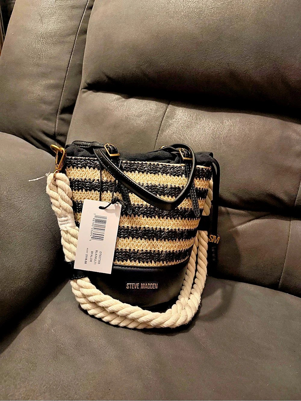 Steve Madden BFALOR Striped bucket crossbody tote rope handle brown